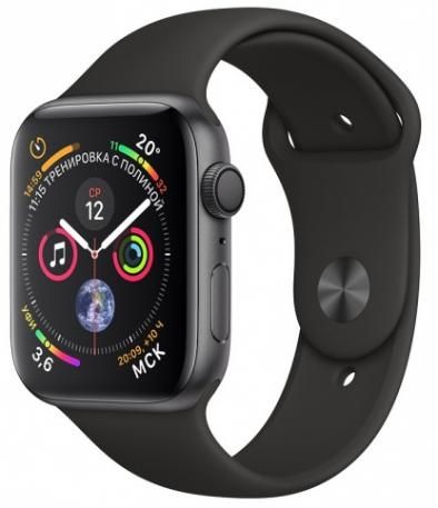 Apple Watch Series 4 44 мм, алюминий «серый космос», спортивный ремешок черного цвета
