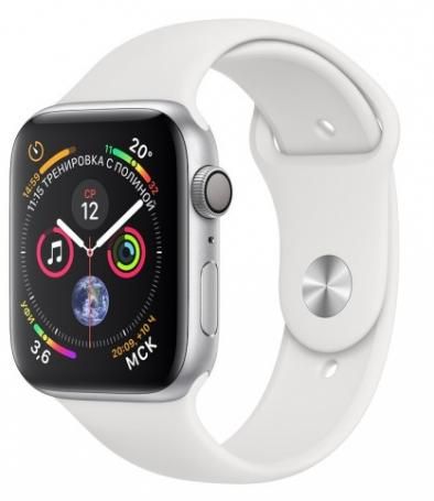 Apple Watch Series 4 44, мм серебристый алюминий, спортивный ремешок белого цвета