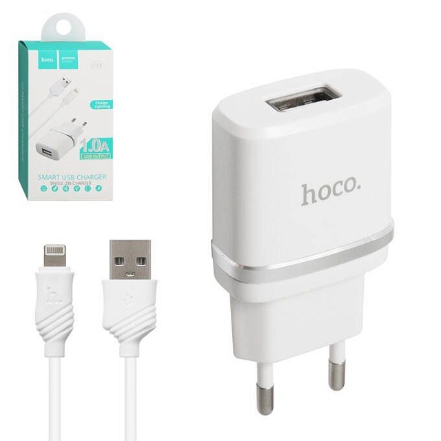 Сетевое зарядное устройство hoco C11 1.0A + кабель Lightning
