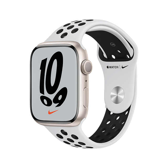 Apple Watch Nike Series 7 45 мм Сияющая звезда, спортивный ремешок Nike цвета чистая платина/чё