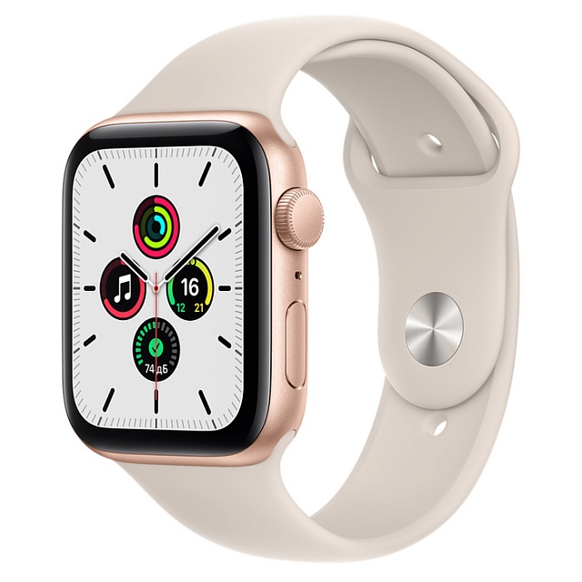 Apple Watch SE, 44 мм, корпус из алюминия золотого цвета, спортивный ремешок цвета «Сияющая звезда»